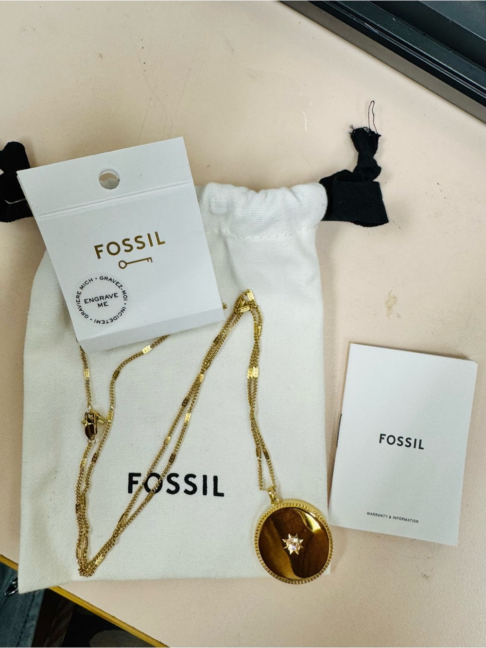 Fossil Gold Round Pendant Necklace with Star Accent